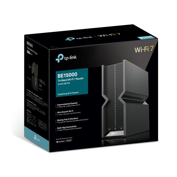 ROUTER TP-LINK wireless BE15000 viteze Wi-Fi 7 Tri-Band de pana la 15000 Mbps 1× 10 Gbps WAN/LAN port, 1× 2.5 Gbps WAN/LAN port and 3× 1 Gbps LAN, 1× USB 3.0, 2.4 Ghz/5 Ghz/6Ghz tri band, WI-FI 7 "Archer BE700"