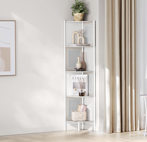 VASAGLE Raft de colt boho, cadru metalic, polite MDF si panouri poliratan, 32x32x156cm, alb - 7