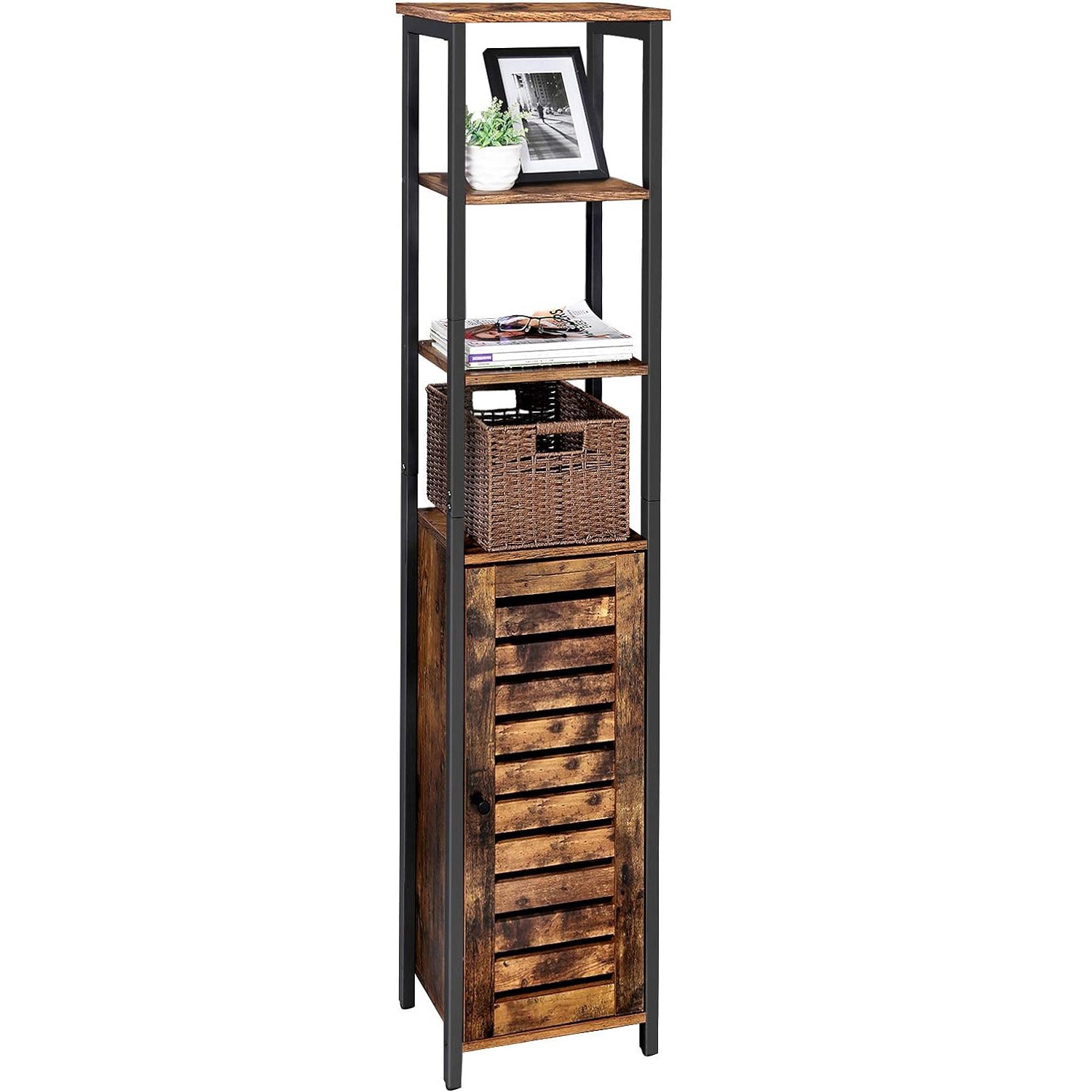 Dulap de depozitare in stil turn, 5 rafturi, compartiment cu usa, 37x30x167cm, maro rustic