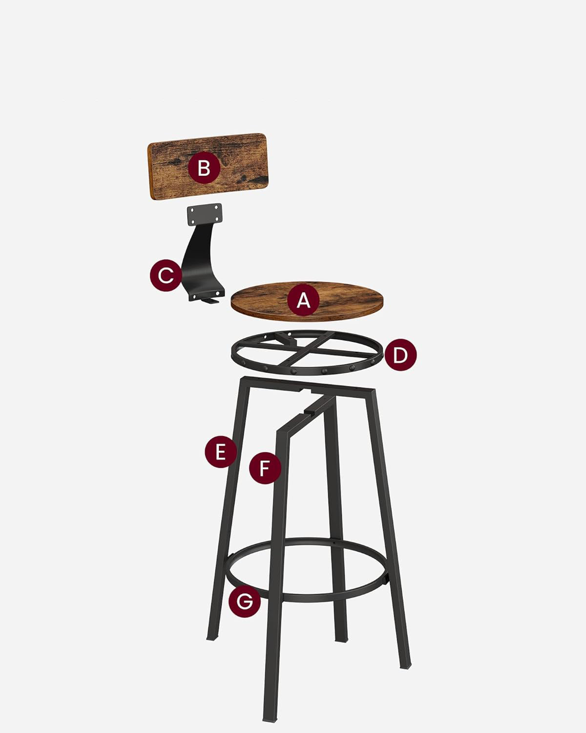 VASAGLE Set de 2 scaune de bar inalte cu spatar, cadru din otel, industrial, 54x99cm, maro rustic - 8