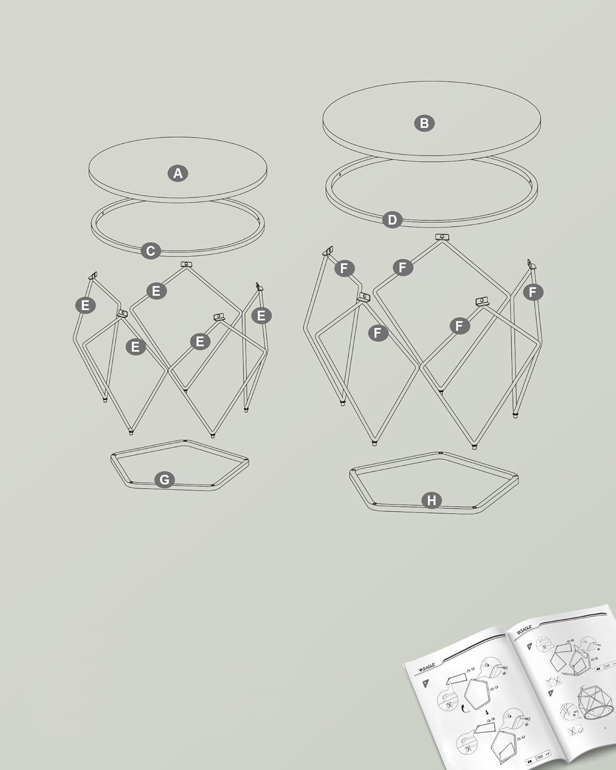VASAGLE Set de 2 mese de cafea rotunde, cadru otel si blat detasabil, 40cm si 50cm, alb - 8