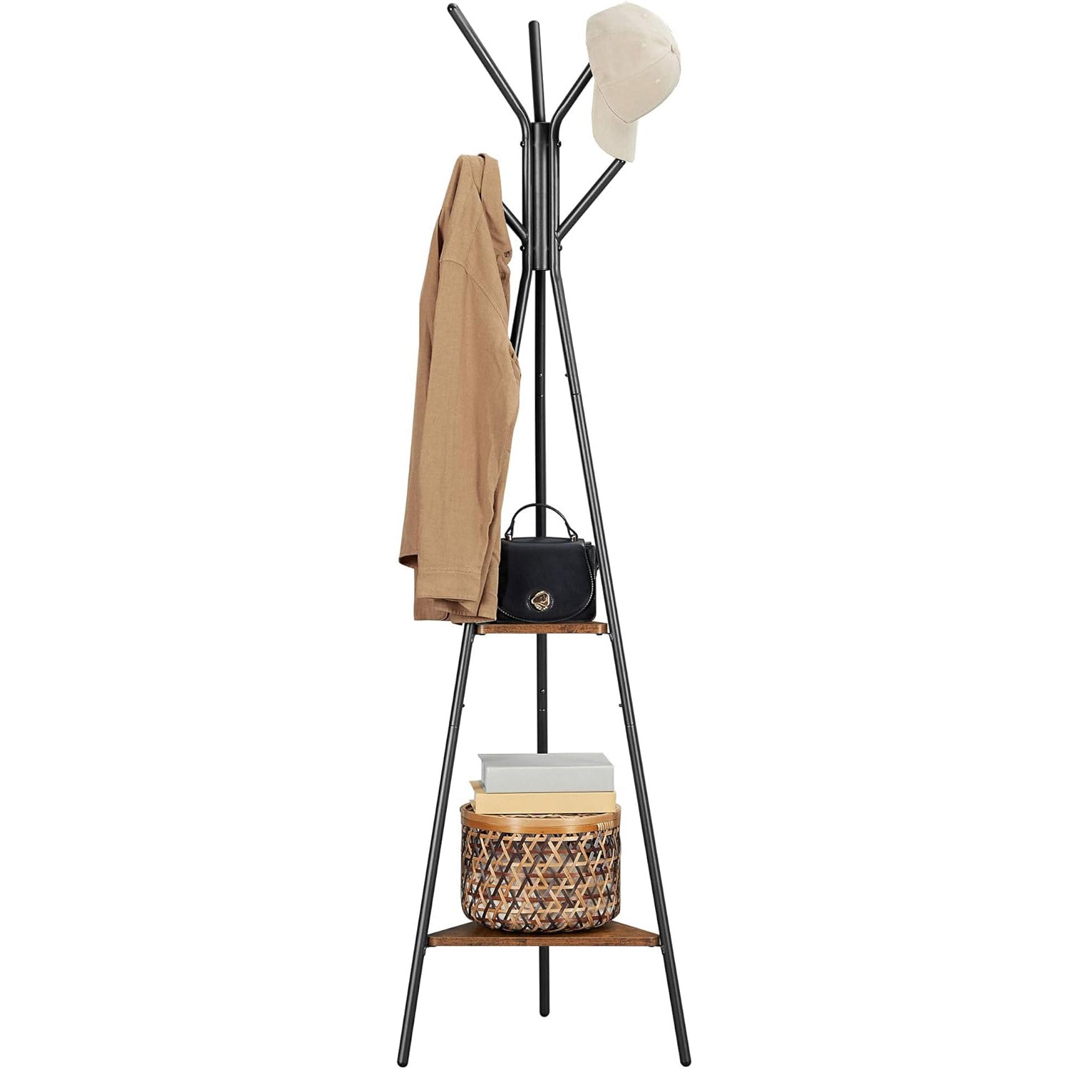 VASAGLE Cuier metalic, cu ​​2 rafturi MDF, inaltime 179cm, stil industrial, maro rustic si negru