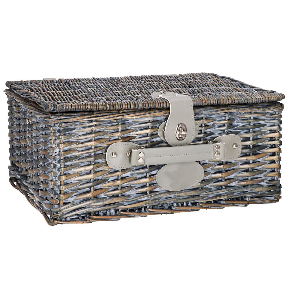 Cos de picnic echipat pentru 4 persoane Deluxe, din rachita, cu vesela si tacamuri, izolat termic, gri