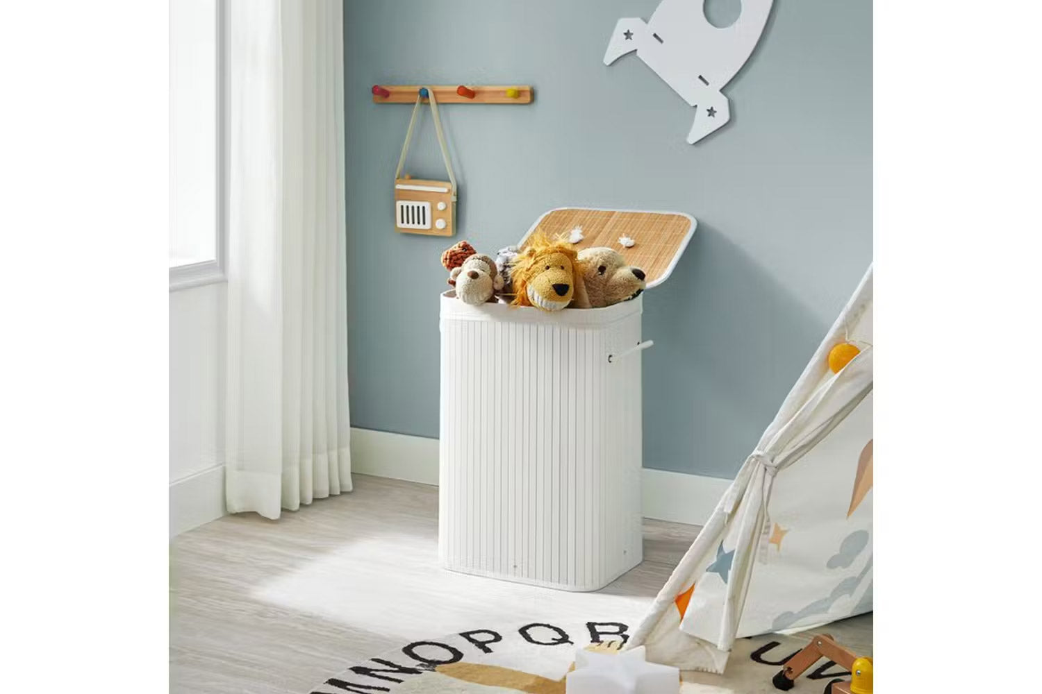 SONGMICS Cos de rufe din bambus, pliabil, cu captuseala detasabila lavabila, 72L, 40x30x60cm, alb