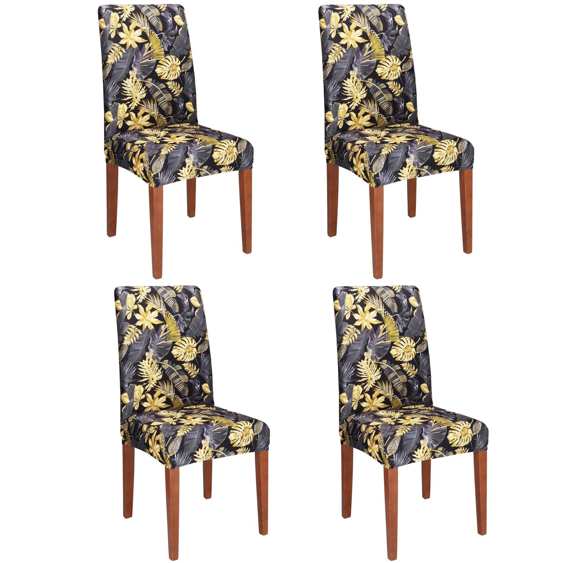 Set 4 huse pentru scaun, marime universala, poliester si spandex, 38x70cm, gri si galben