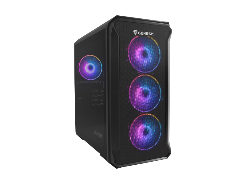 Carcasa GENESIS IRID 503 V2 Mini Tower ARGB NEGRU, Tempered Glass, Sloturi Expansiune 5, Drive Bays: 2x3.5" 3x2.5", Ventilatoare Suportate: 6 (spate: 1x120mm, fata: 3x120mm sau 2x140mm, sus: 2x120mm sau 2x140mm), Ventilatoare Incluse: 4 (4x120mm), Format 