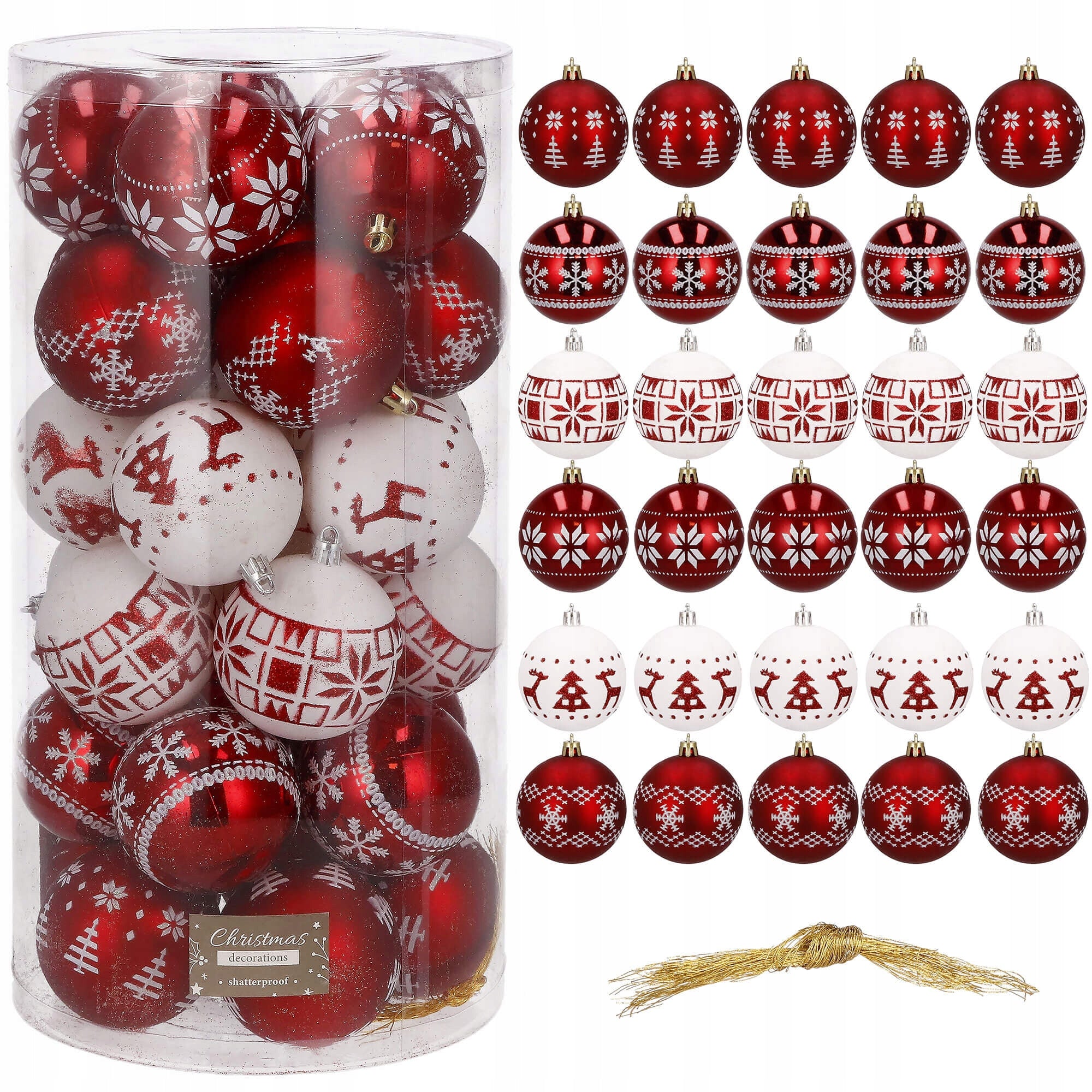 Set globuri de Craciun cu modele de sarbatori, 30 bucati, 7cm, alb rosu
