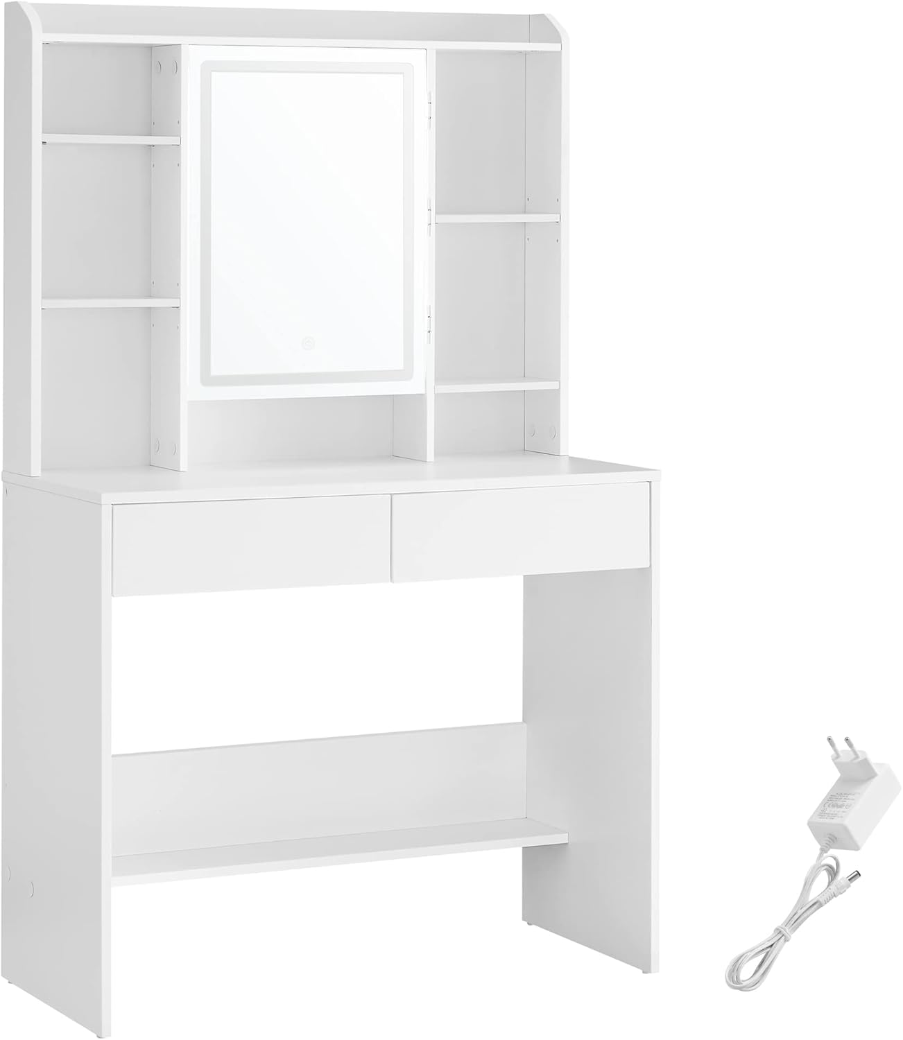 VASAGLE Masa de toaleta cu oglinda, iluminare LED reglabila, 2 sertare, 90x40x145cm, alb