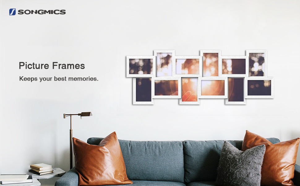 SONGMICS Rama foto de perete din MDF cu sticla, colaj de 12 fotografii, 89x33cm, alb gri