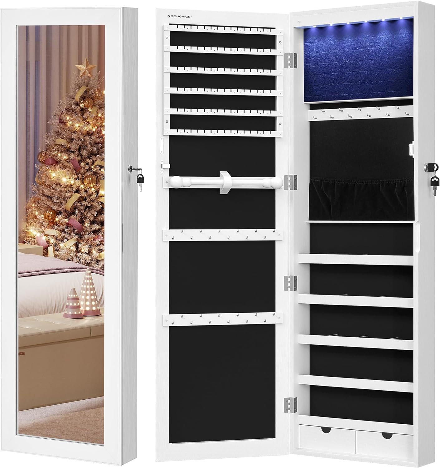 SONGMICS Dulap de bijuterii cu oglinda, montare pe perete, incuietoare, 37x10x120cm, alb