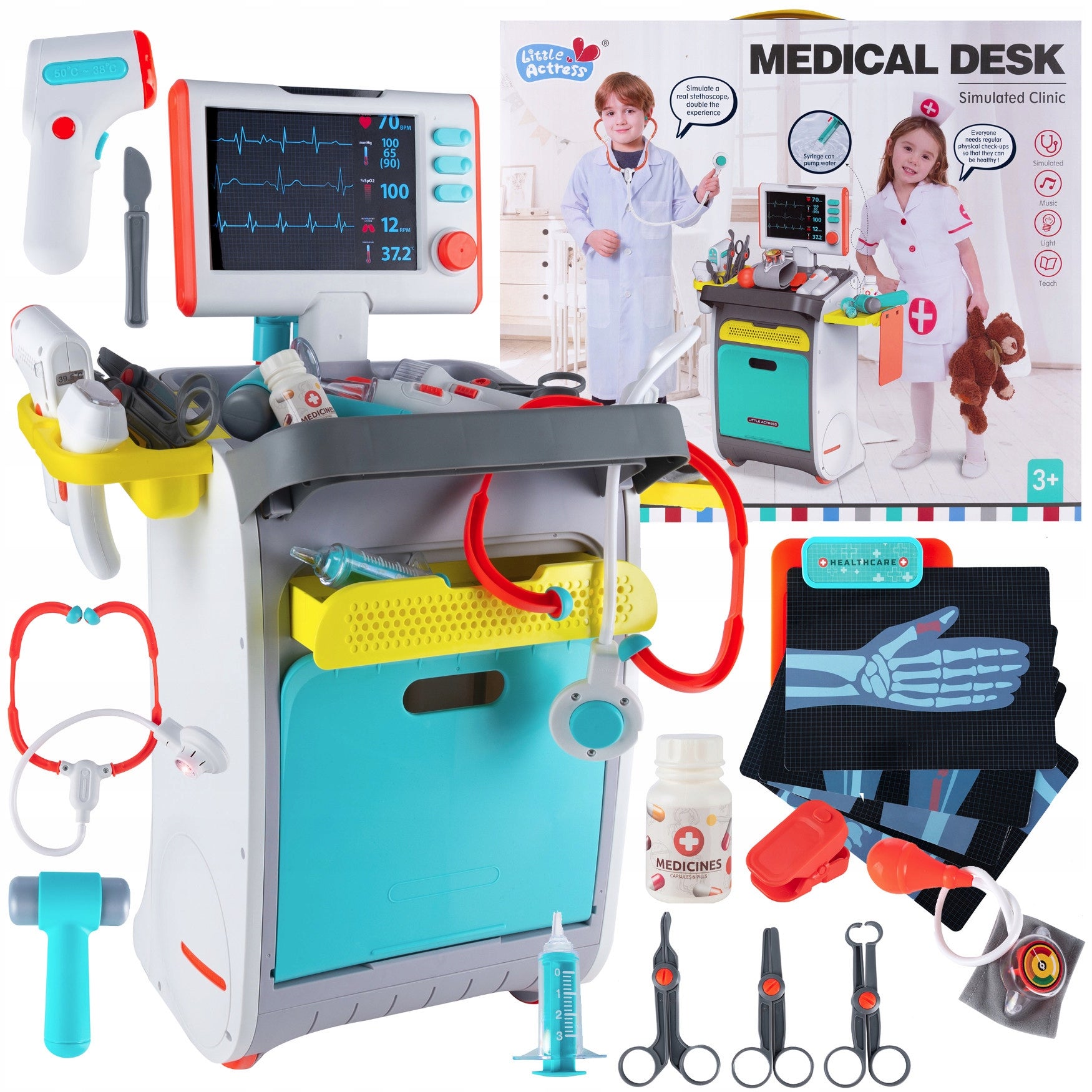 Set de joaca, carucior medical cu aparatura si instrumente, cu sunete si lumini