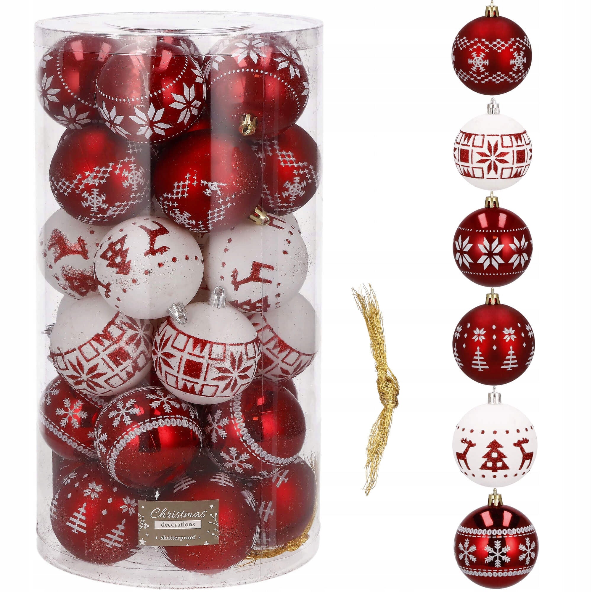 Set globuri de Craciun cu modele de sarbatori, 30 bucati, 7cm, alb rosu