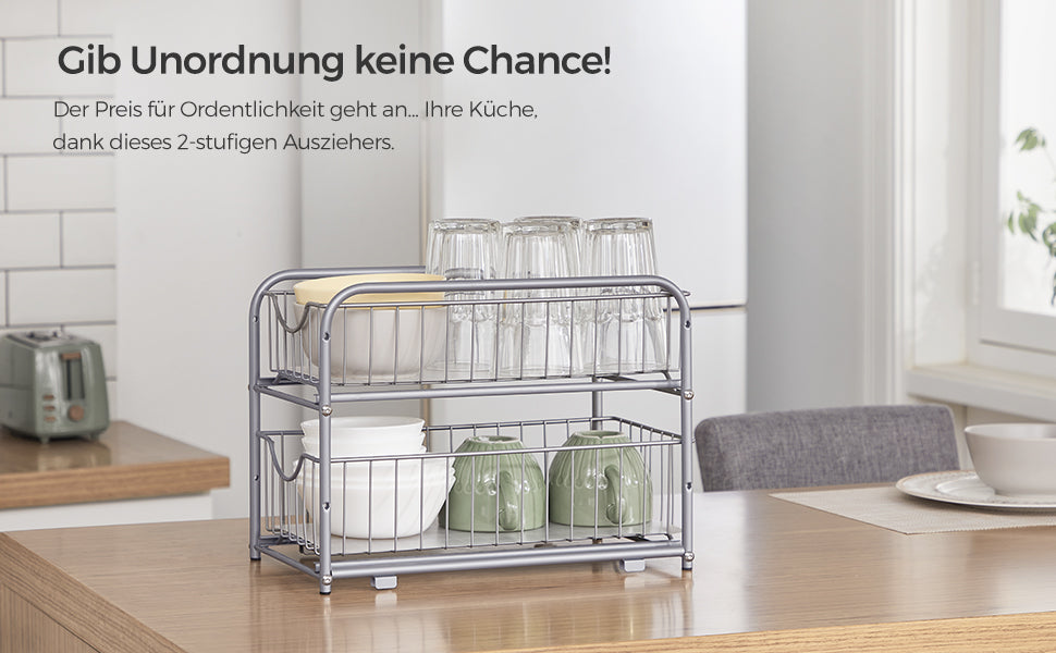 SONGMICS Raft organizator de depozitare cu 2 niveluri, cu sertare glisante, pentru bucatarie sau baie, 21x37x34cm, argintiu