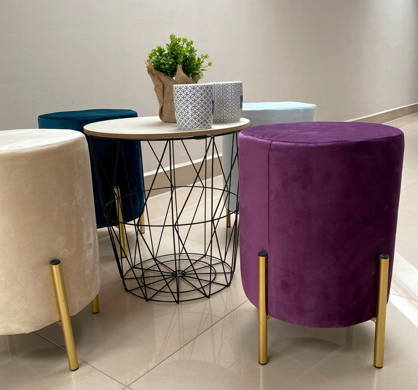 Taburet rotund, tapitat cu stofa, picioare otel, sarcina 100kg, 28x42cm, albastru