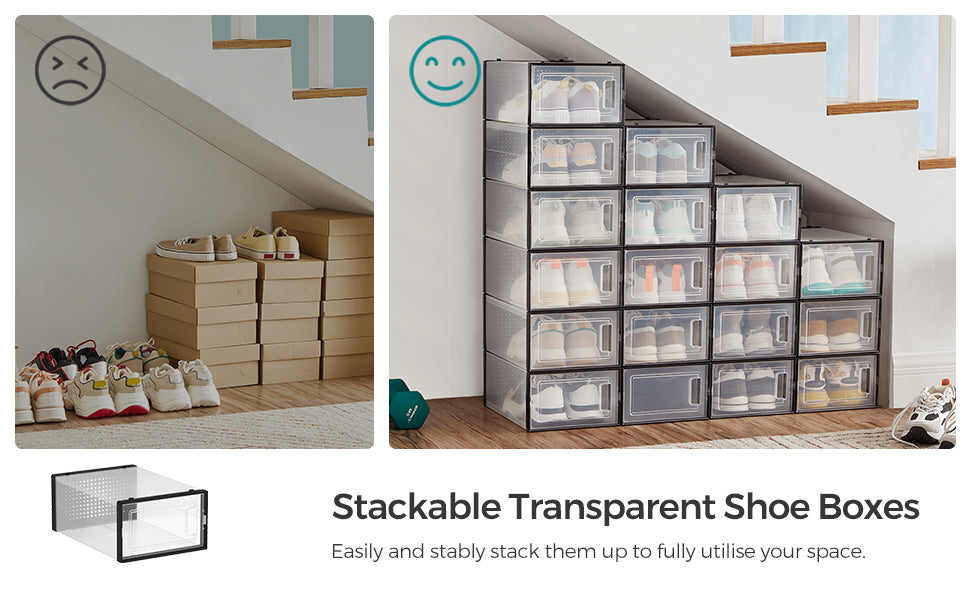 Cutii de pantofi, set de 18 organizatoare stivuibile, structura rezistenta ABS, 34x23x14cm, transparent si negru