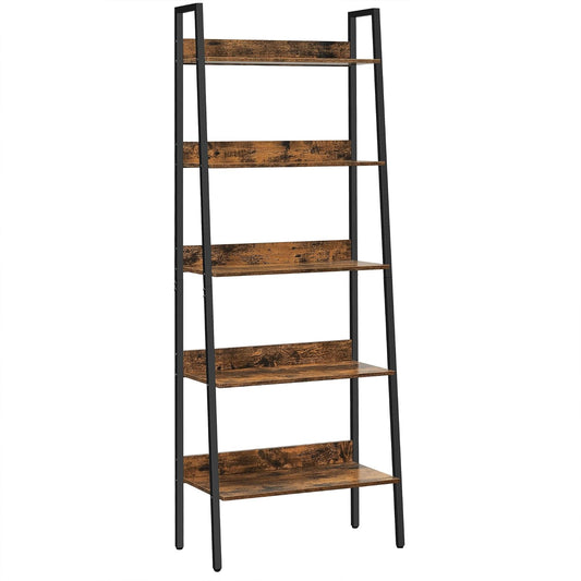 VASAGLE Biblioteca tip scara, cadru otel cu 5 polite, stil industrial, 60x30x170 cm, maro