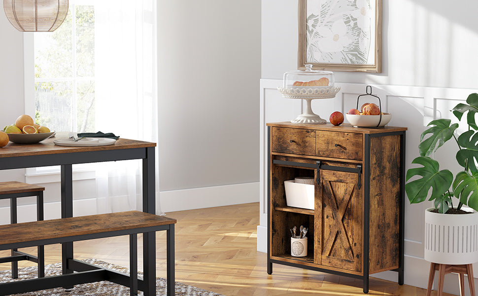 Comoda pentru living sau bucatarie, cu 2 sertare si usa glisanta, rafturi reglabile, stil rustic, 30x70x80cm, maro si negru