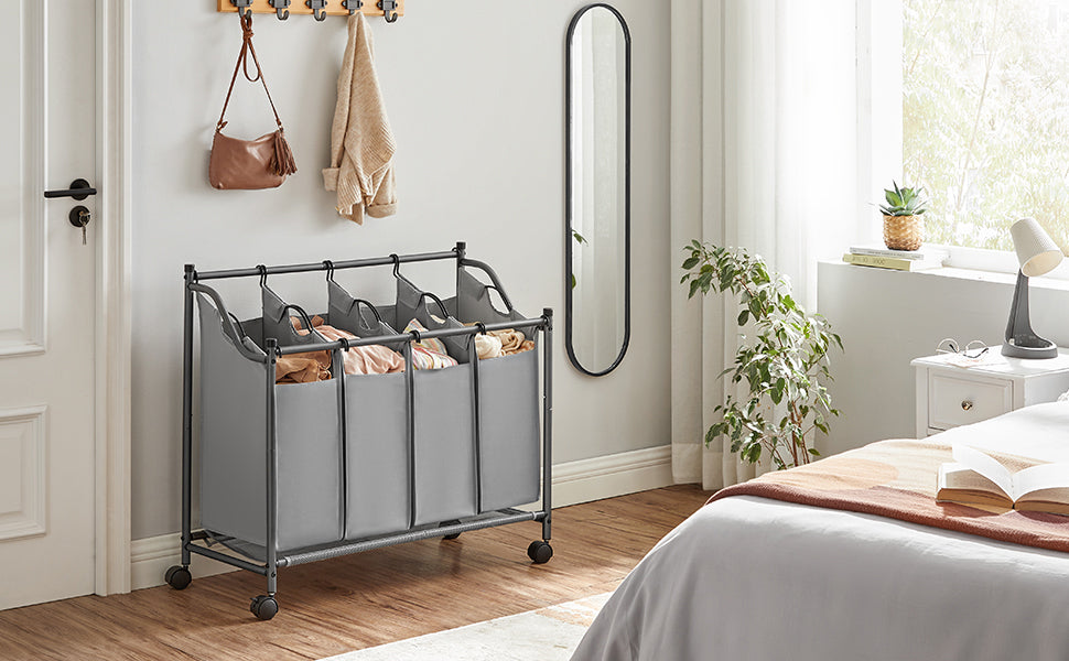 SONGMICS Cos de rufe cu 4 saci detasabili, structura metalica pe roti, 4x35L, 87x38x81cm, gri