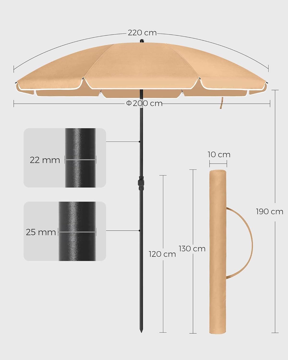 SONGMICS Umbrela terasa gradina sau plaja, cu inclinare, husa, diametru 200cm, taupe - 8