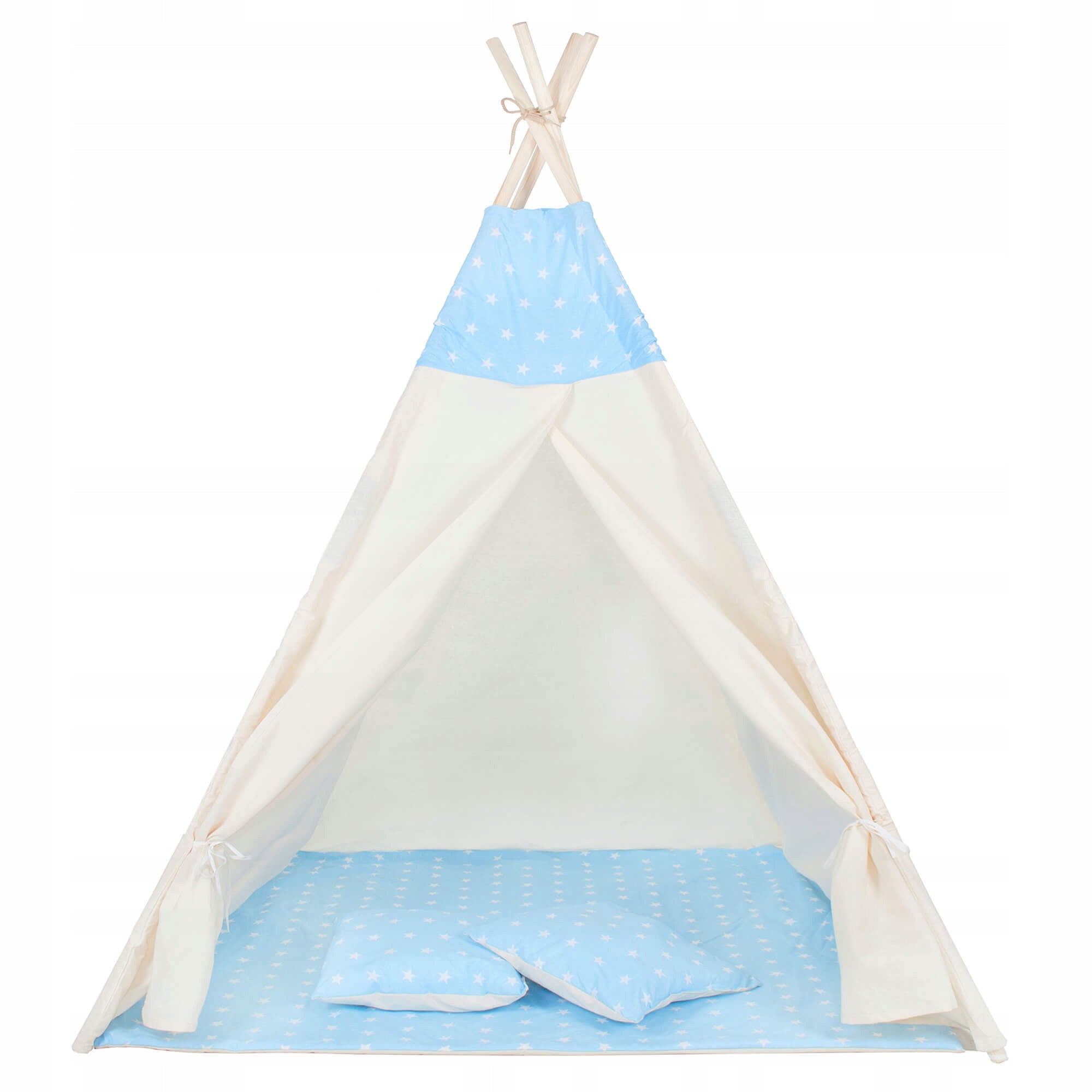 Cort copii Sersimo stil indian Teepee Tent cu fereastra, covoras gros si 2 perne, alb albastru