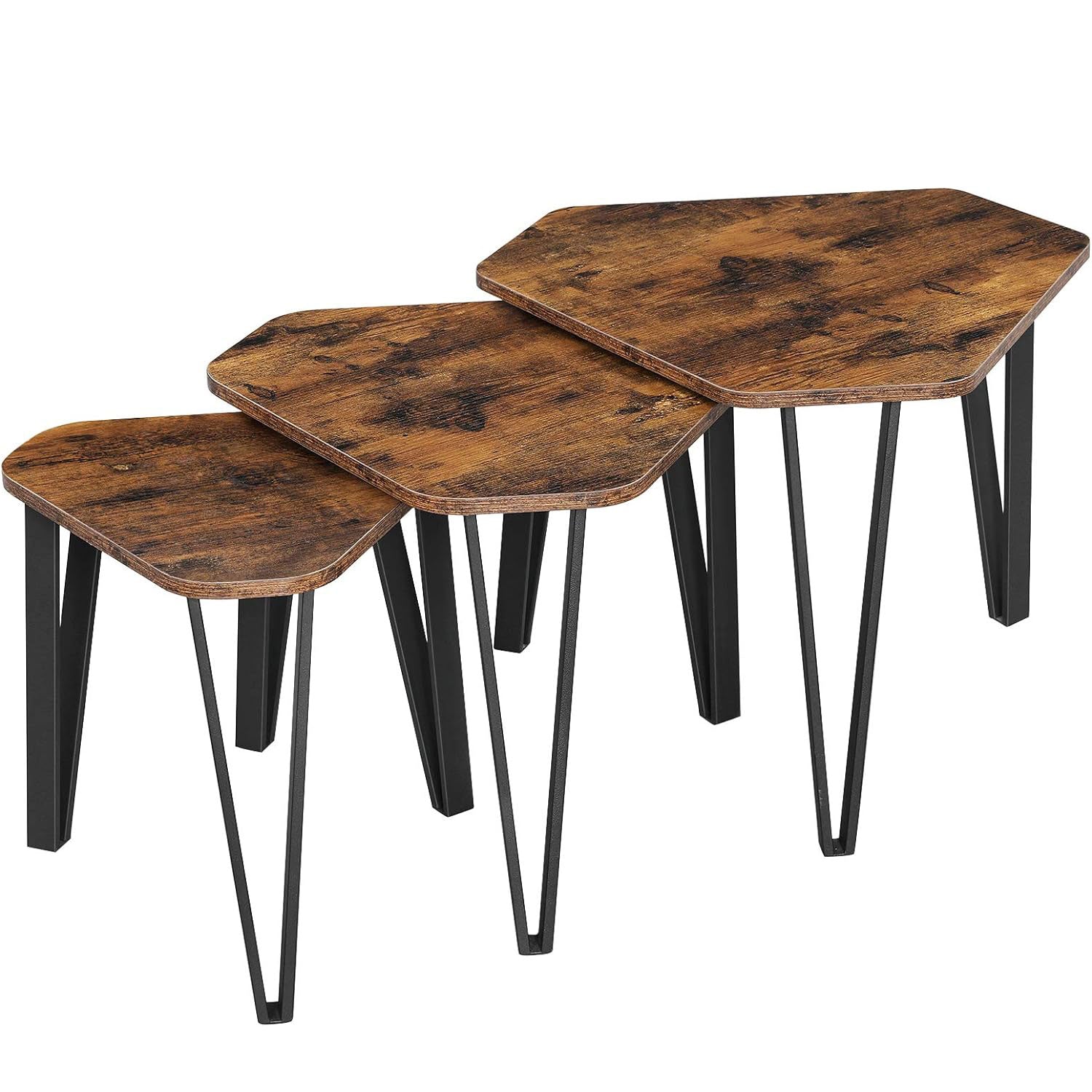 VASAGLE Set 3 mese de cafea suprapozabile, stil industrial, diametru 40, 51 si 59 cm, maro rustic