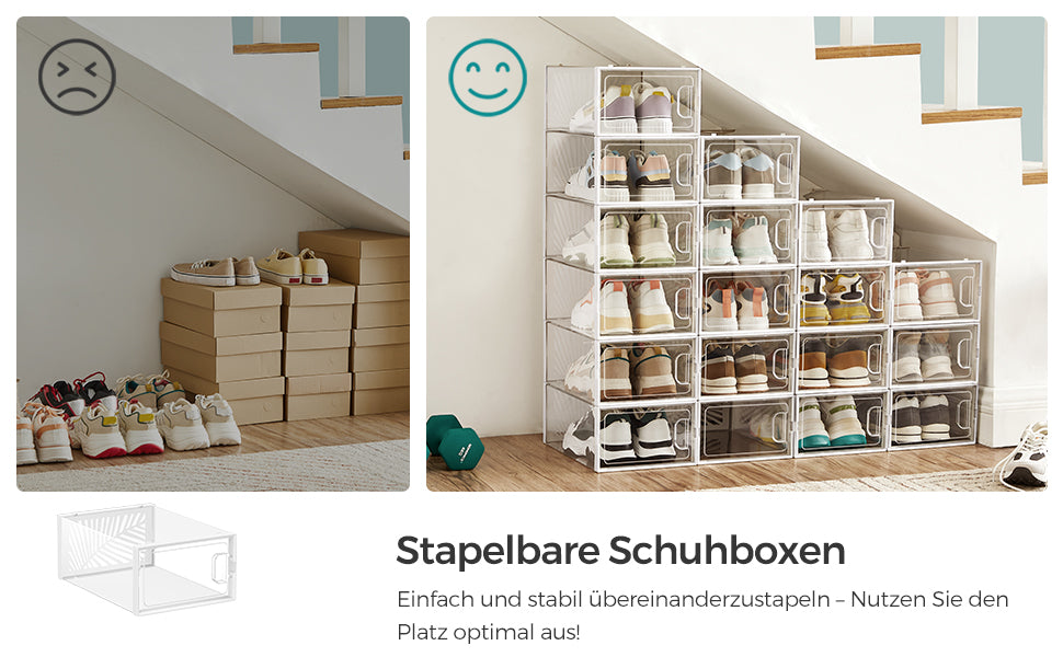 SONGMICS Cutii de pantofi, set de 18 organizatoare stivuibile, structura rezistenta ABS, 34x23x14cm, transparent