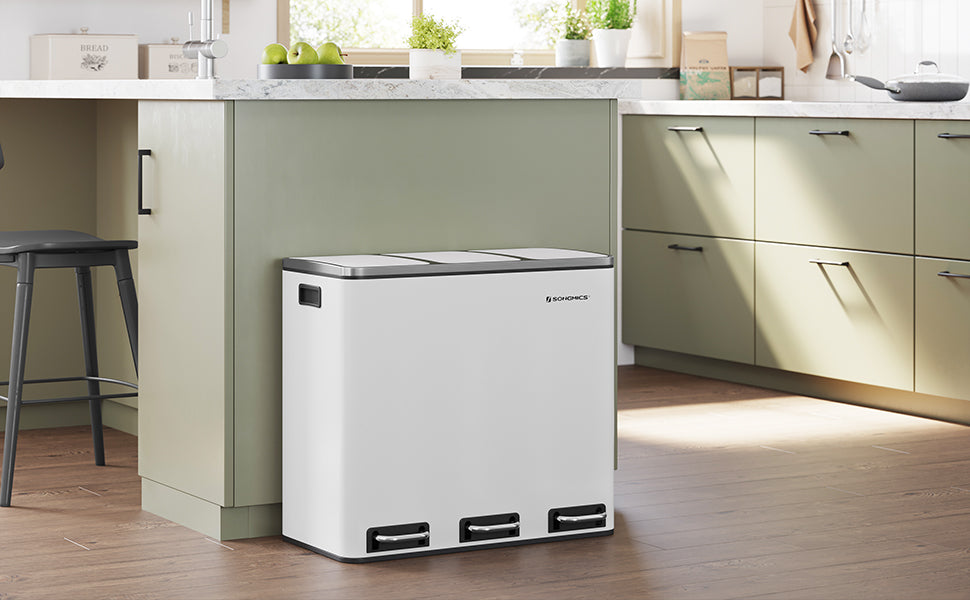 SONGMICS Cos de gunoi din inox cu 3 compartimente colectare selectiva, cu galeti interioare, 3x18litri, 62x32x56cm, alb