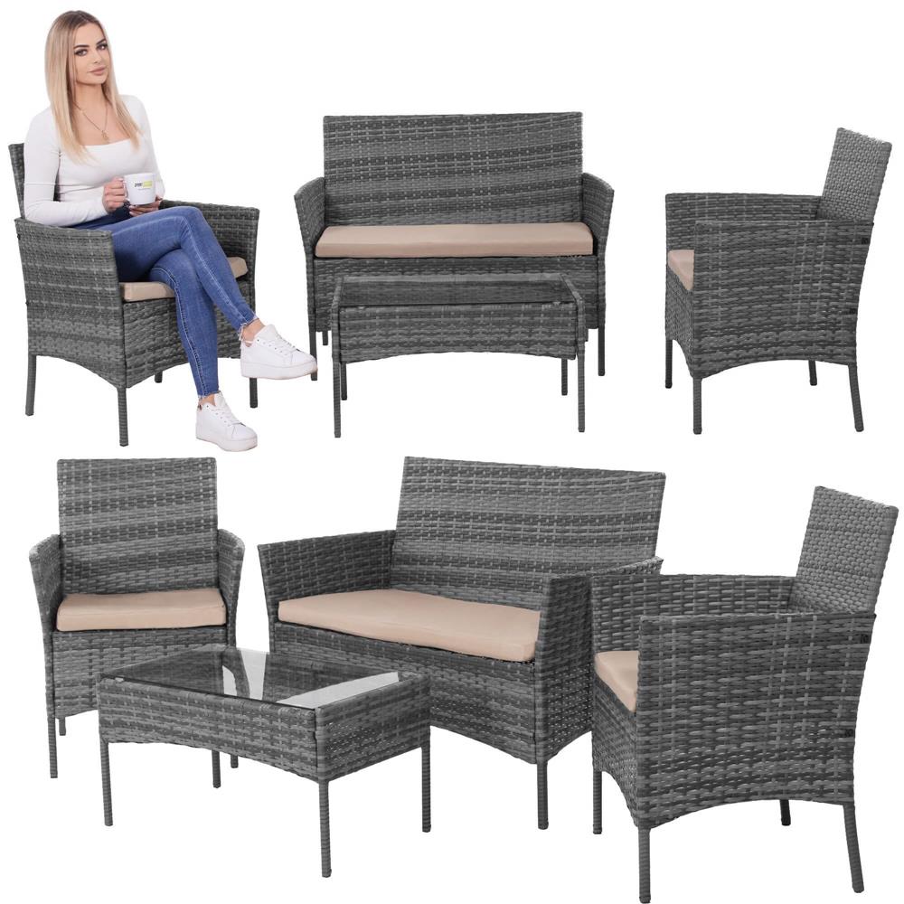 Set mobilier terasa, din tehnorattan, masa cu blat sticla securizata, 2 fotolii si 1 canapea cu perne, gri