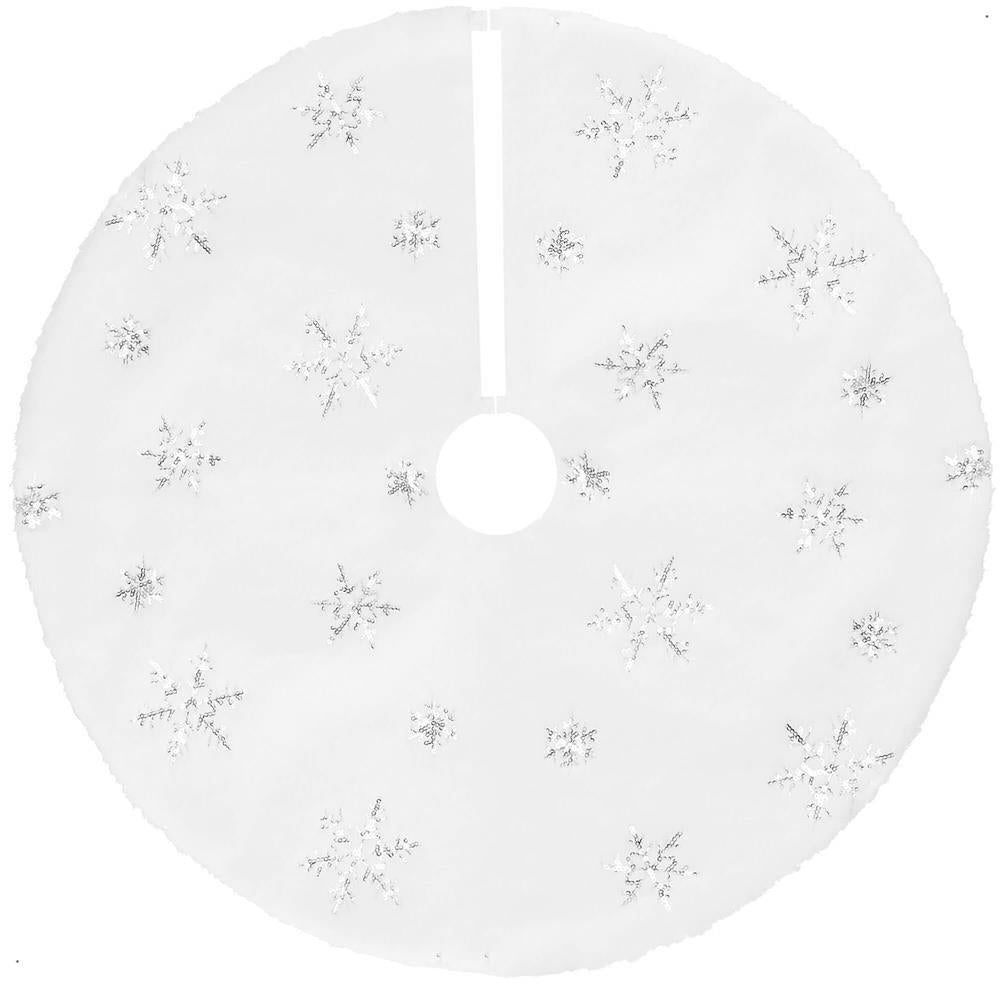Covoras de pus sub bradul de Craciun, 90 cm, imitatie blana alba cu paiete argintii