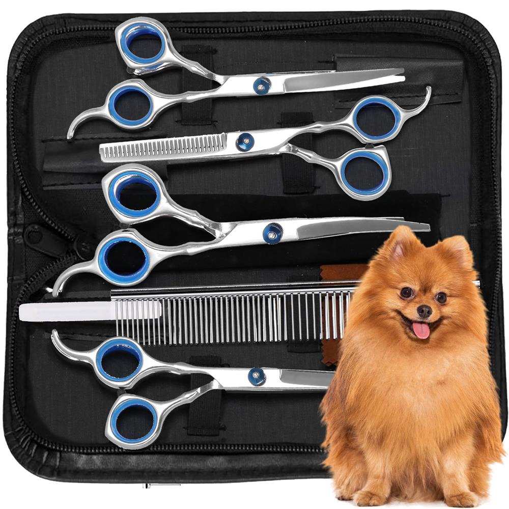 Set de ingrijire pentru animale de companie, cu 4 foarfece pentru tuns si accesorii