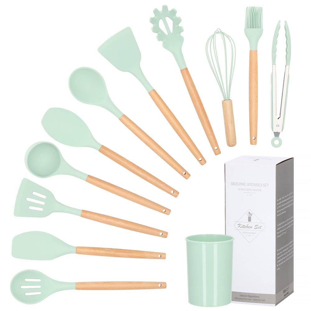 Set Sersimo 12 ustensile de bucatarie din silicon termorezistent si maner din bambus, verde deschis