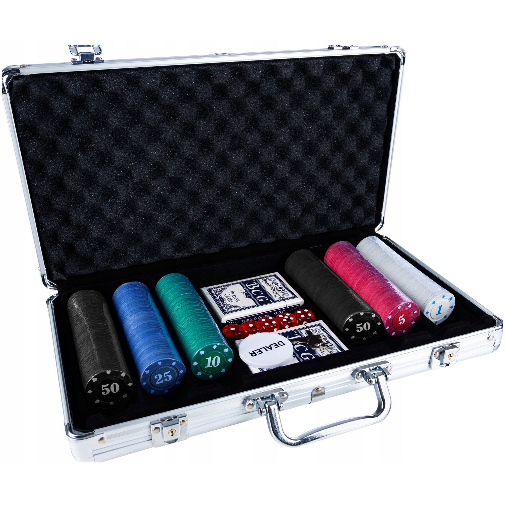 (DL) Set de Poker Complex cu 300 de jetoane, 2 seturi carti, 5 zaruri, in servieta aluminiu
