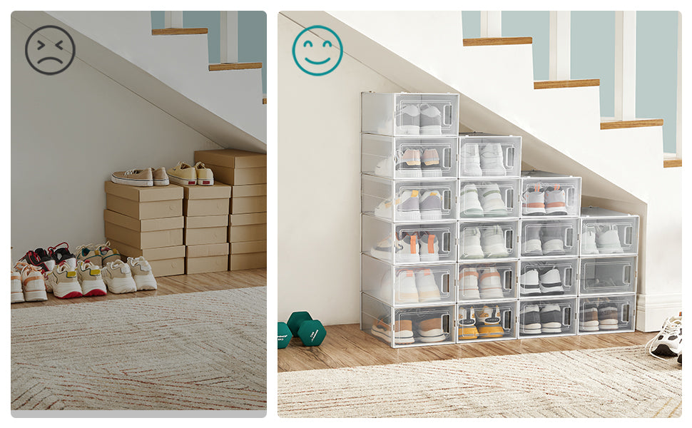 SONGMICS Cutii de pantofi, set de 18 organizatoare stivuibile, structura rezistenta ABS, 34x23x14cm, transparent