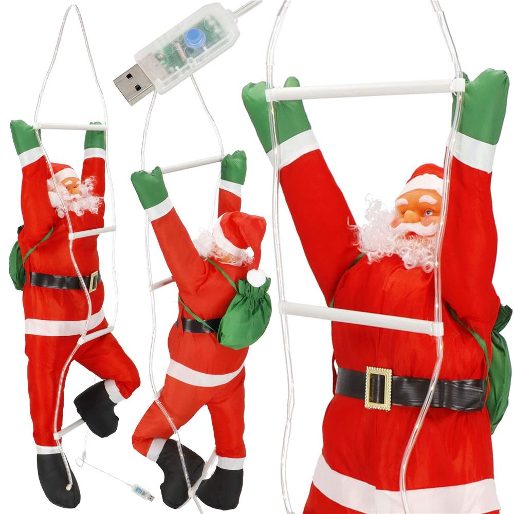Figurina Craciun, Mos Craciun pe scara, cu iluminare LED, alimentare USB, pentru interior