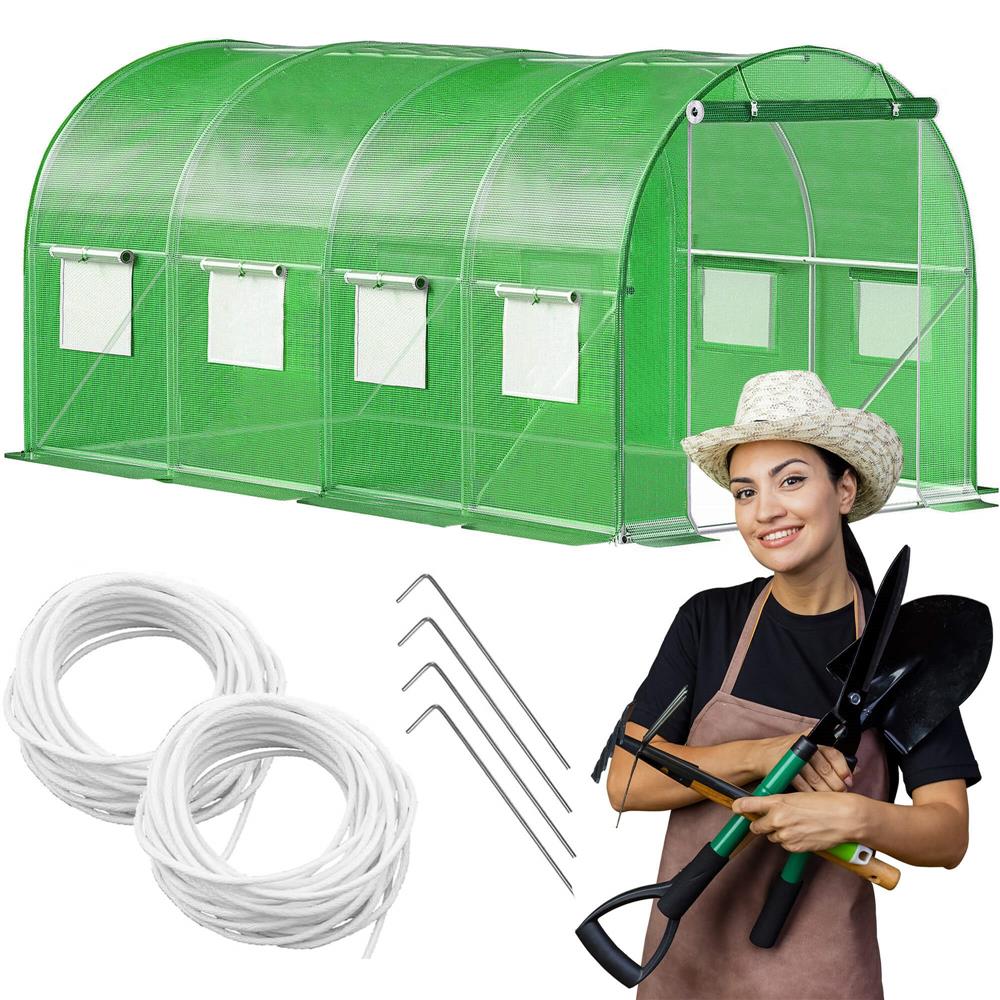 Sera de gradina, tip tunel cu cadru metalic, 200x450cm, 9 ferestre, verde, 9 mp
