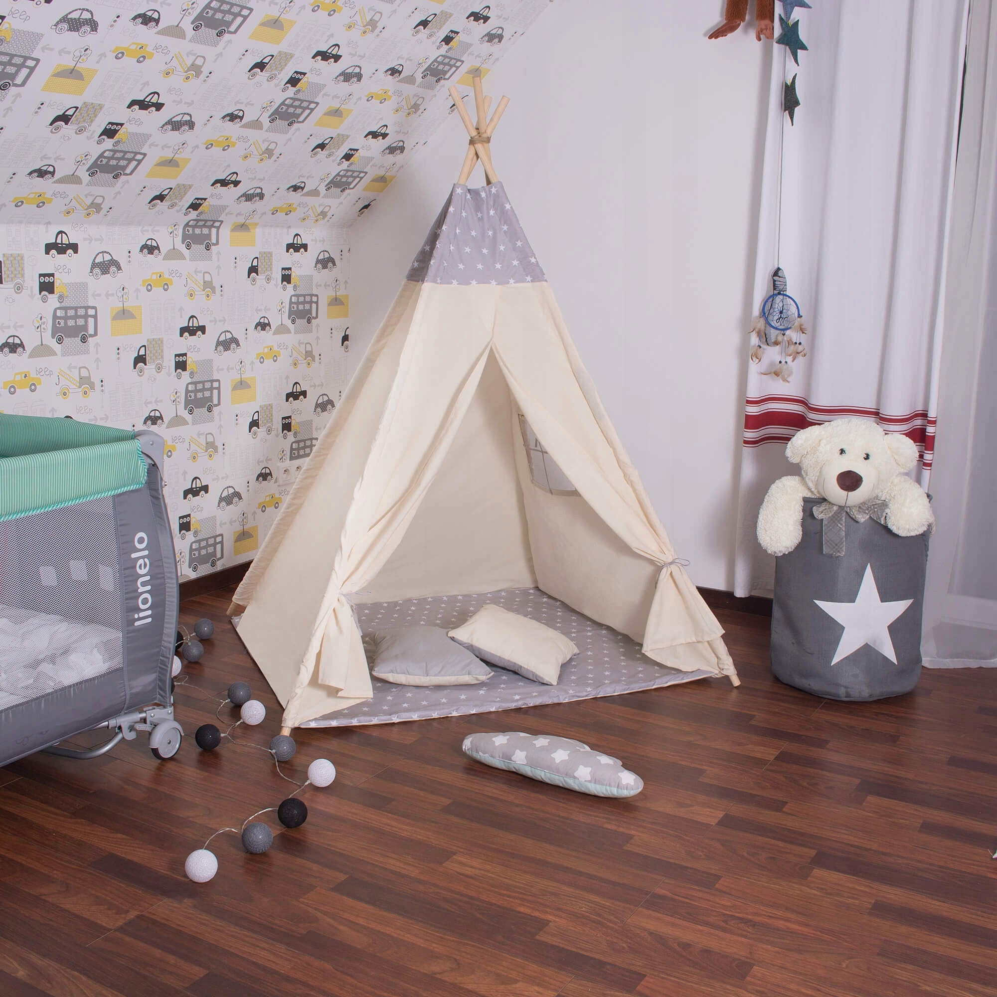 Cort copii Sersimo stil indian Teepee Tent cu fereastra, covoras gros si 2 perne, alb gri