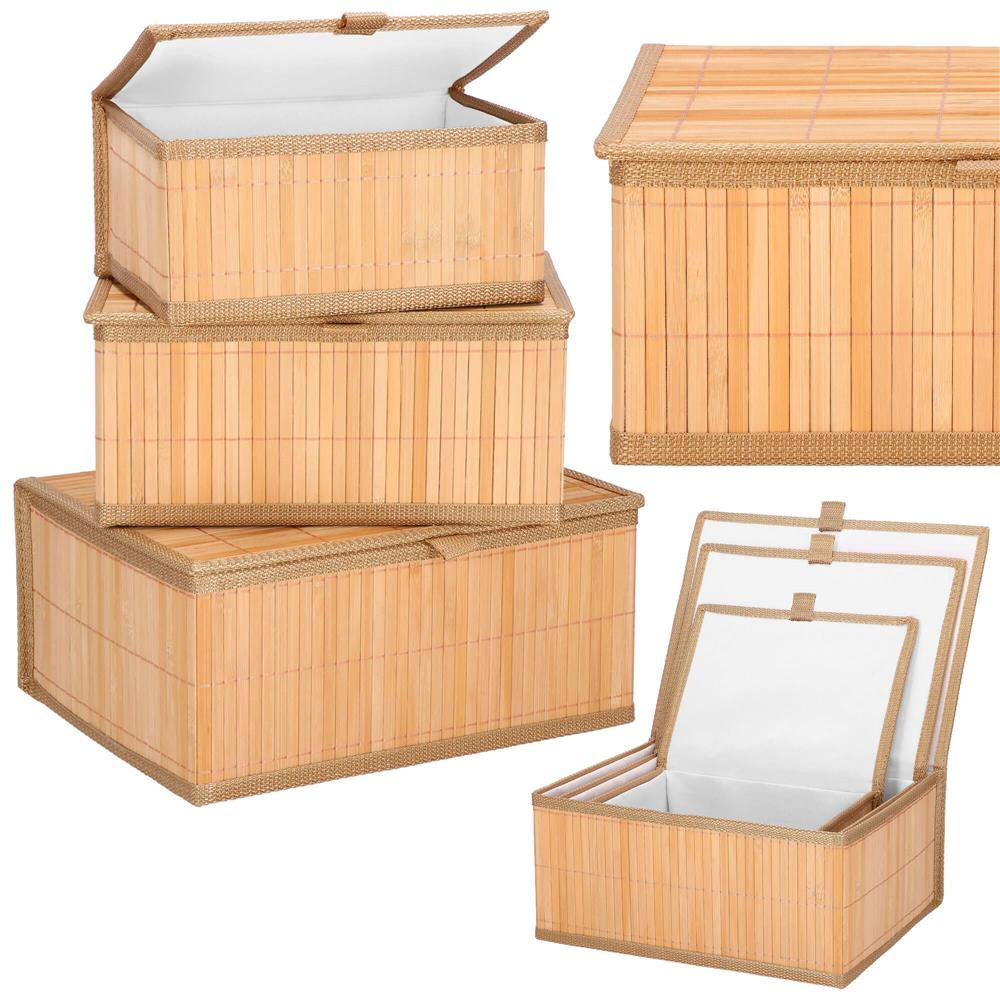 Set 3 cutii organizatoare din bambus, cu capac, diverse dimensiuni, maro