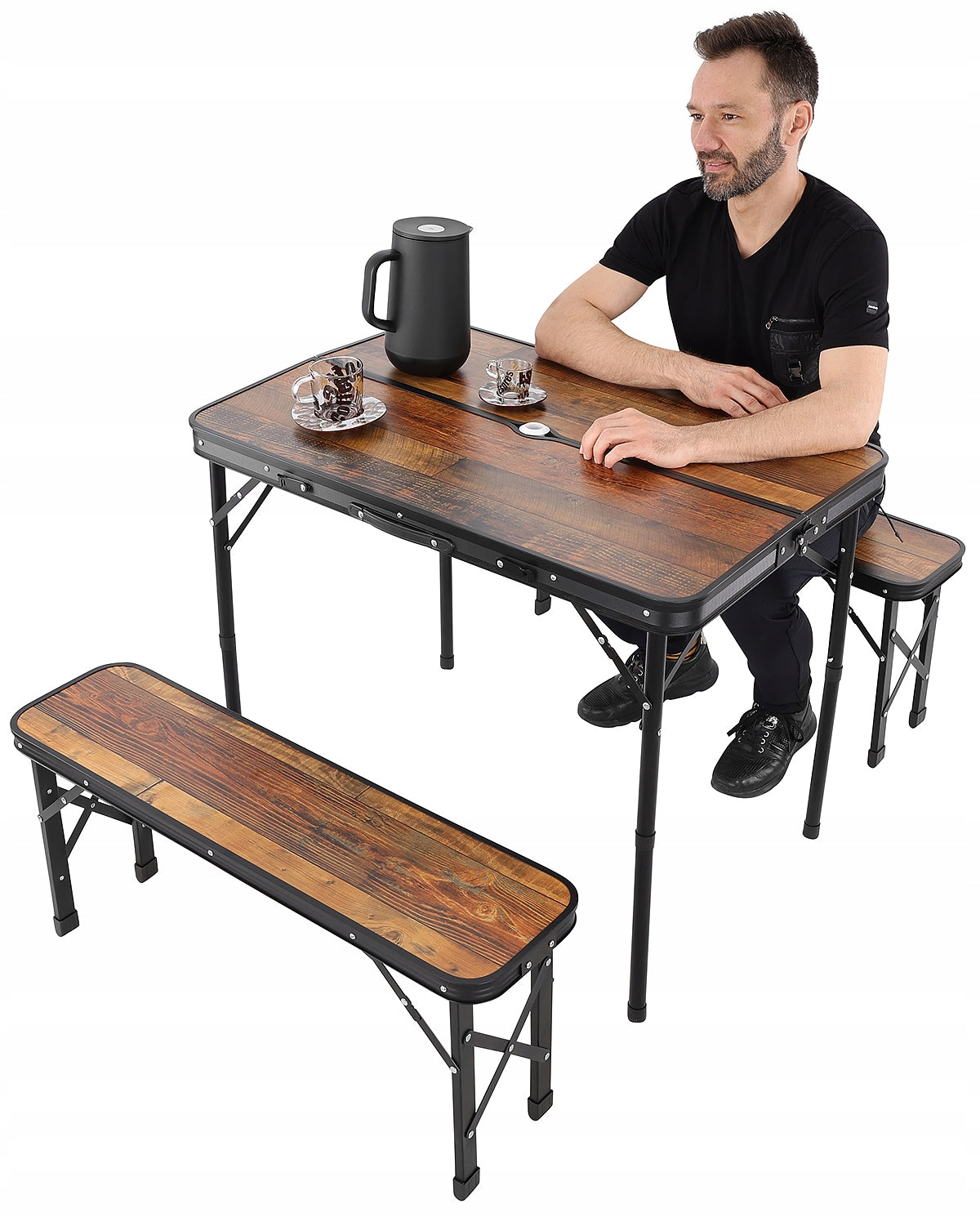 Set mobilier de camping pliabil, masa cu 2 banci, structura otel cu blat MDF, 90x60cm, maro