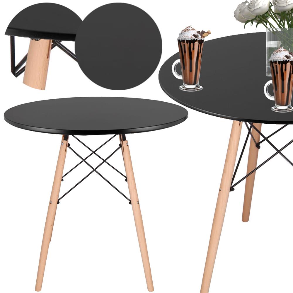 Masa dining bucatarie, rotunda, diametru 80 cm, inaltime 75 cm, Blat MDF, Picioare lemn, Negru