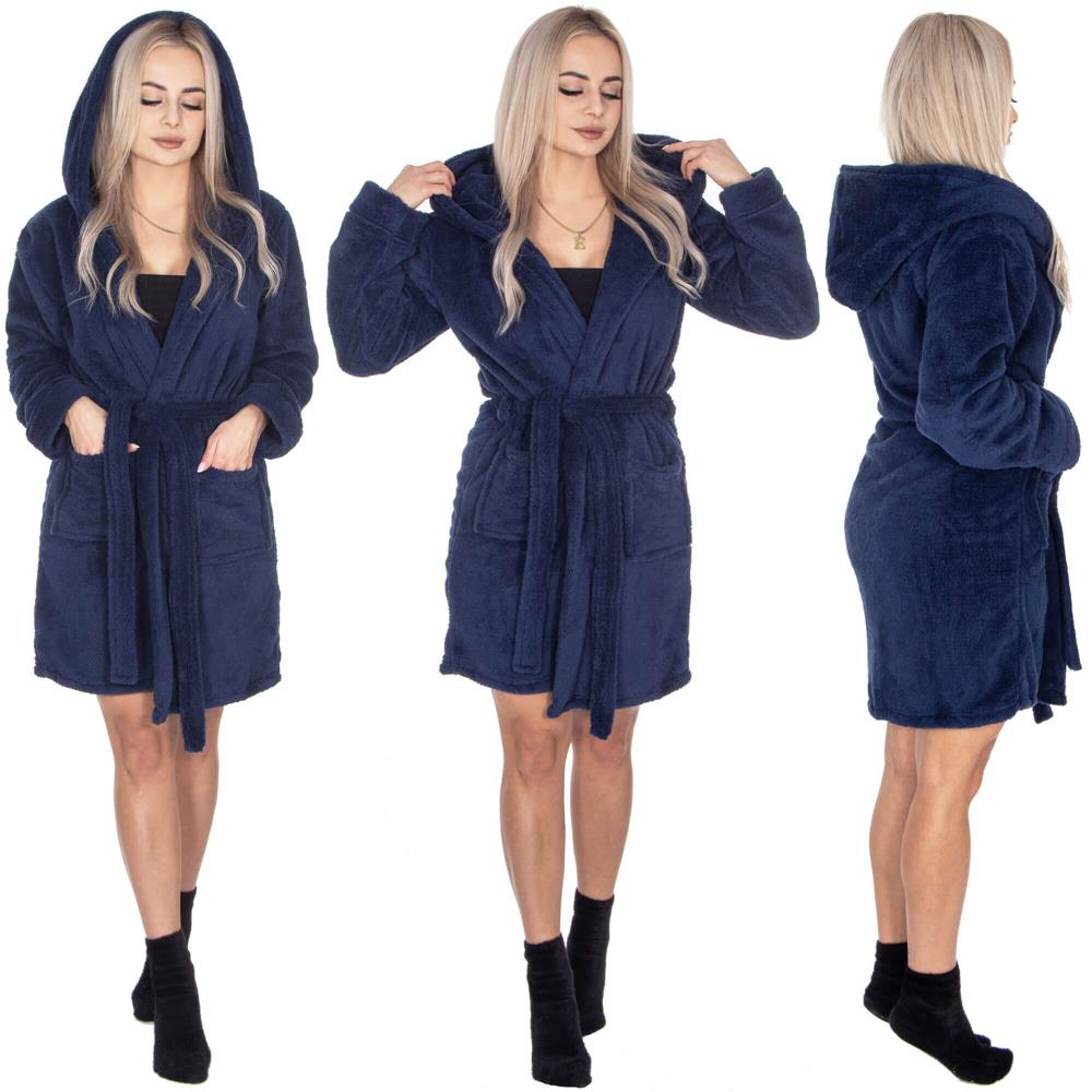 Halat de baie pentru femei pana la genunchi, cu gluga, marimea L/XL, albastru marin