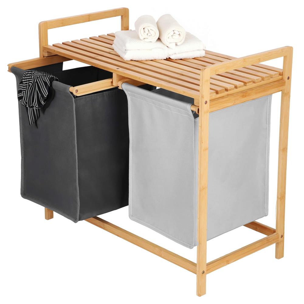 Cos de rufe din bambus, cu 2 saci detasabili, raft superior, capacitate de 40L per sac, 67x36x70cm, maro