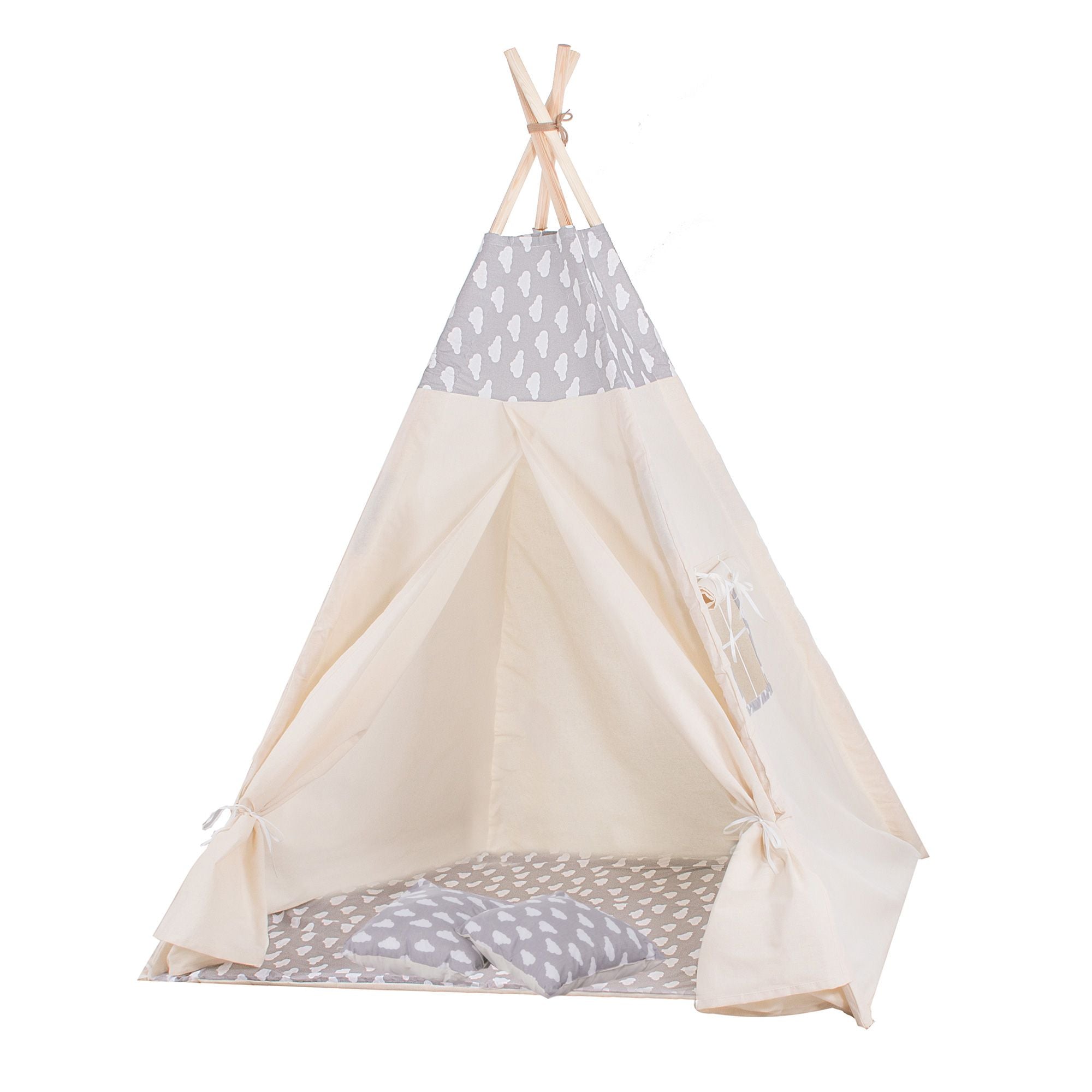 Cort copii Sersimo stil indian Teepee Tent cu fereastra, covoras gros si 2 perne, alb gri cu norisori