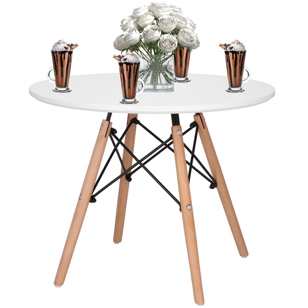 Masa de cafea, rotunda, diametru 60 cm, inaltime 45 cm, Blat MDF, Picioare lemn, Alb