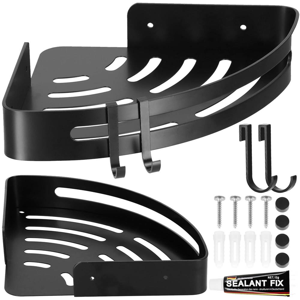 Raft de baie pentru colt cu 2 sisteme instalare pe perete, aluminiu, 30x22x4cm, negru