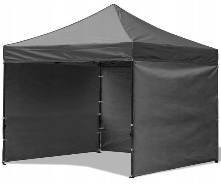 Cort tip pavilion cu 3 pereti laterali, structura solida otel si acoperis impermeabil PVC, 3x3 m cu inaltime reglabila, gri