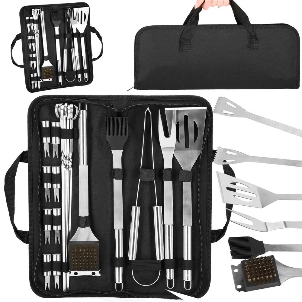 Set accesorii pentru gratar din inox, 20 de piese inclusiv perie, husa transport