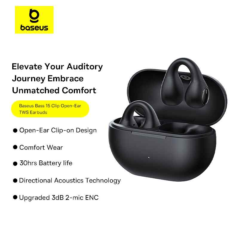 CASTI Baseus  Bass 15 Clip Open-Ear TWS, pt smartphone, wireless, bluetooth 5.4, dual-mic pe casca, 7 ore durata baterie, negru "A00079500113-00" (timbru verde 0.18 lei) - 6932172674335