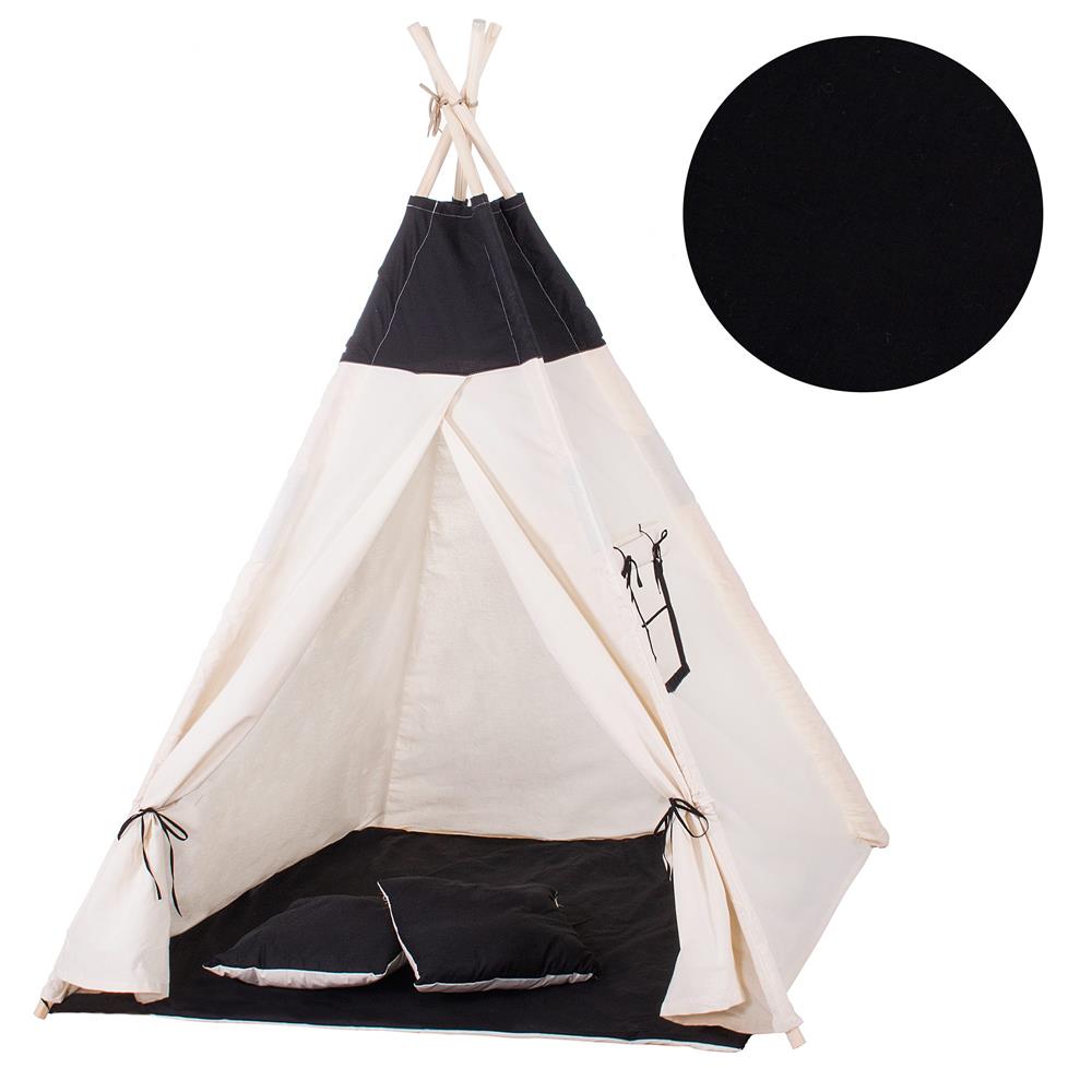 Cort copii Sersimo stil indian Teepee Tent cu fereastra, covoras gros si 2 perne, alb negru