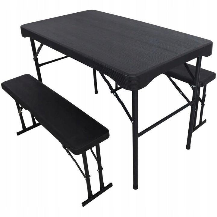Set mobilier de camping pliabil, masa cu 2 banci, structura otel cu HDPE, 108x60cm, negru