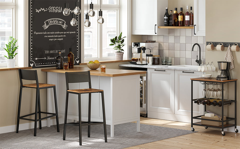 VASAGLE Set 2 scaune de bar, inalte cu spatar, cadru metalic, sezut MDF, industrial, 51x43x97cm, maro rustic si negru